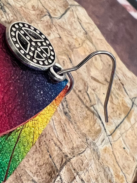 Peace Sign Rainbow Leather Earrings