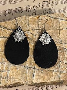 Black Leather Earrings with Rhinestone Accent